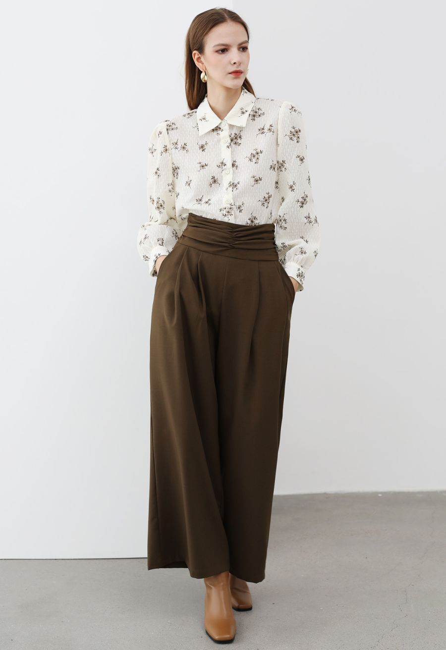 Floret Print Texture Button Down Shirt in Cream