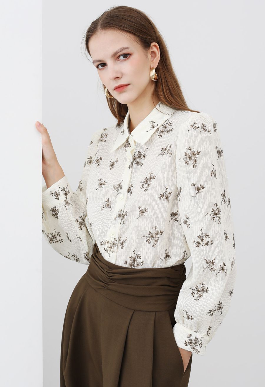 Floret Print Texture Button Down Shirt in Cream