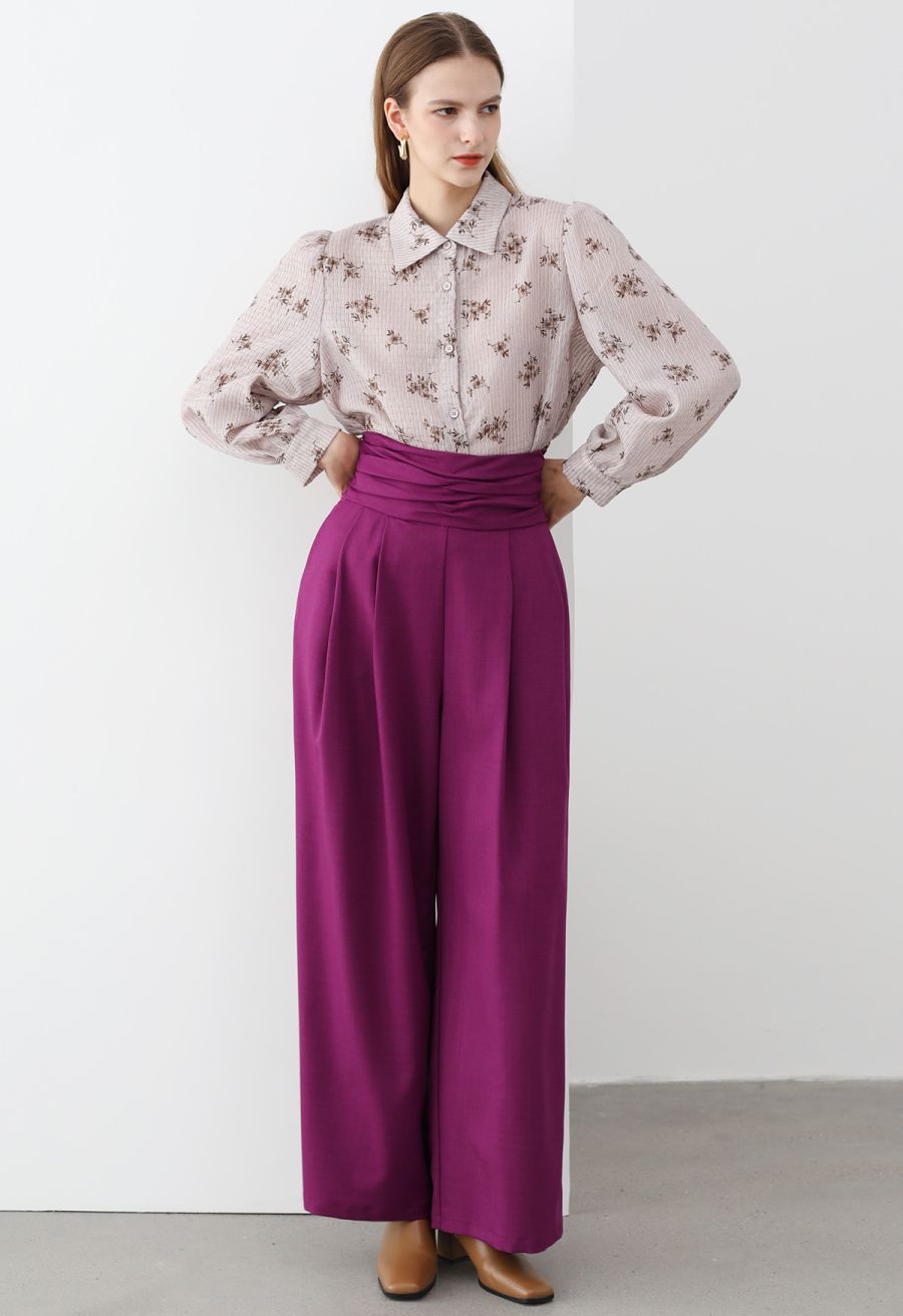 Floret Print Texture Button Down Shirt in Dusty Pink