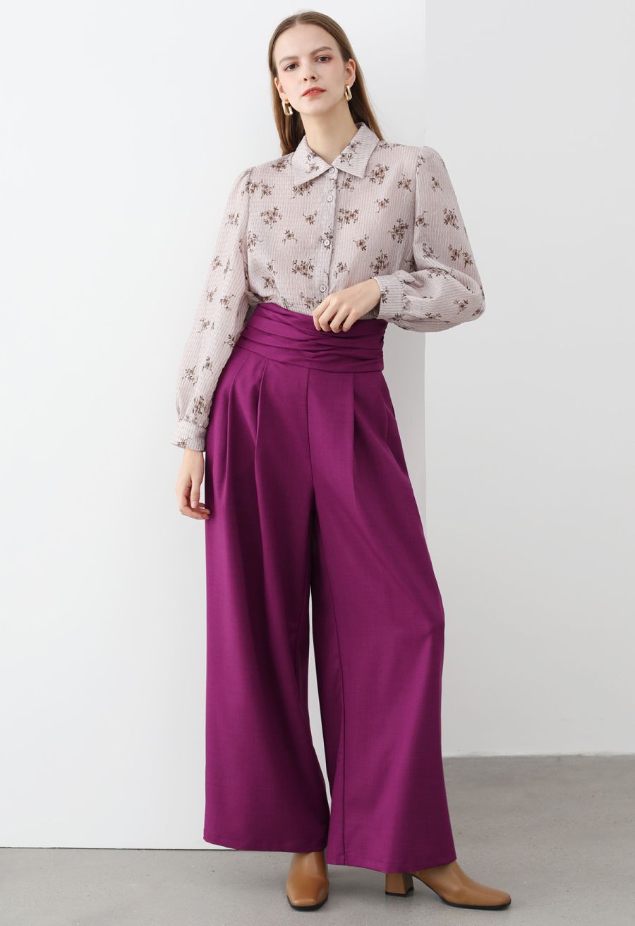 Floret Print Texture Button Down Shirt in Dusty Pink
