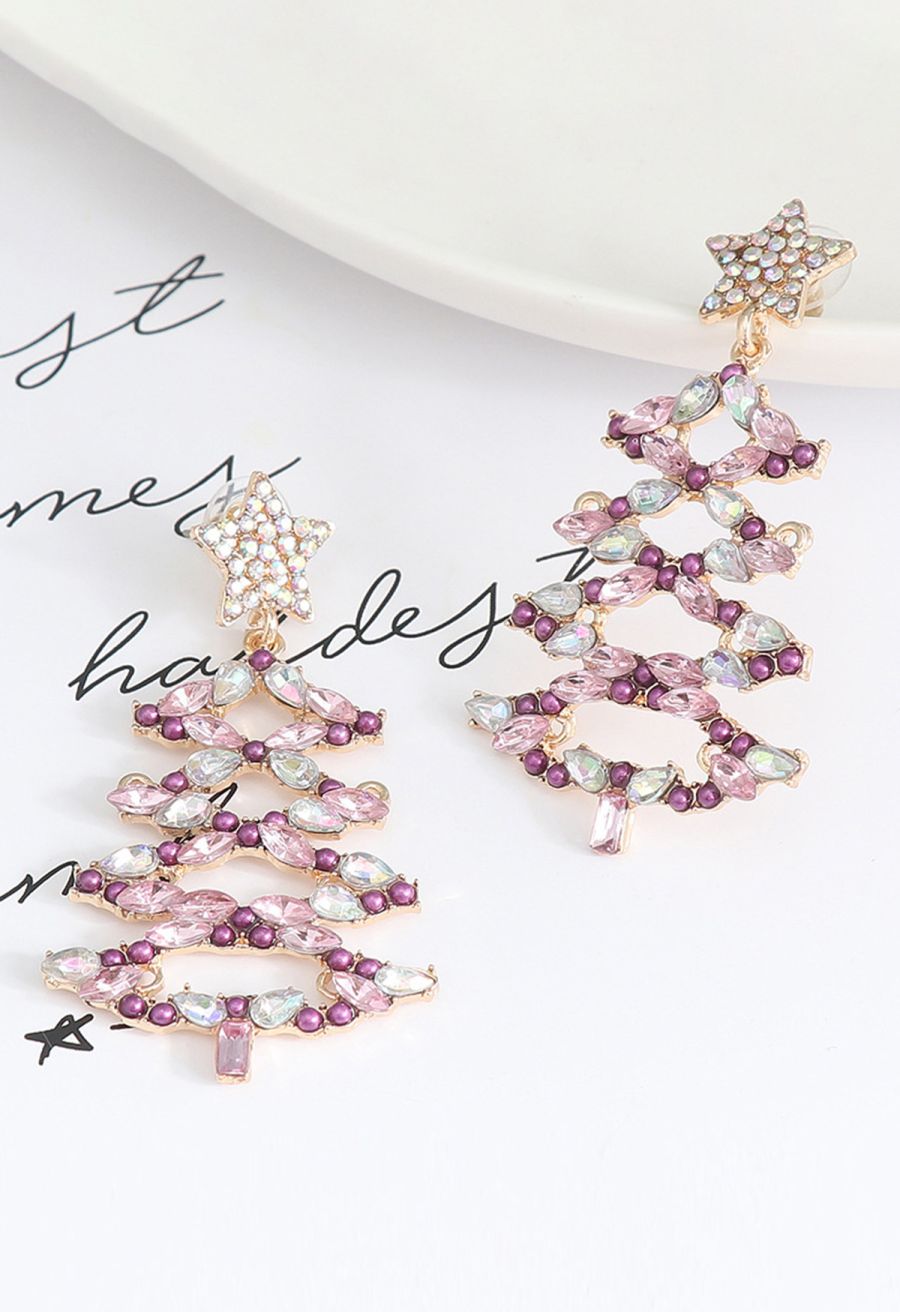 Hollow Out Christmas Tree Rhinestone Earrings in Pink