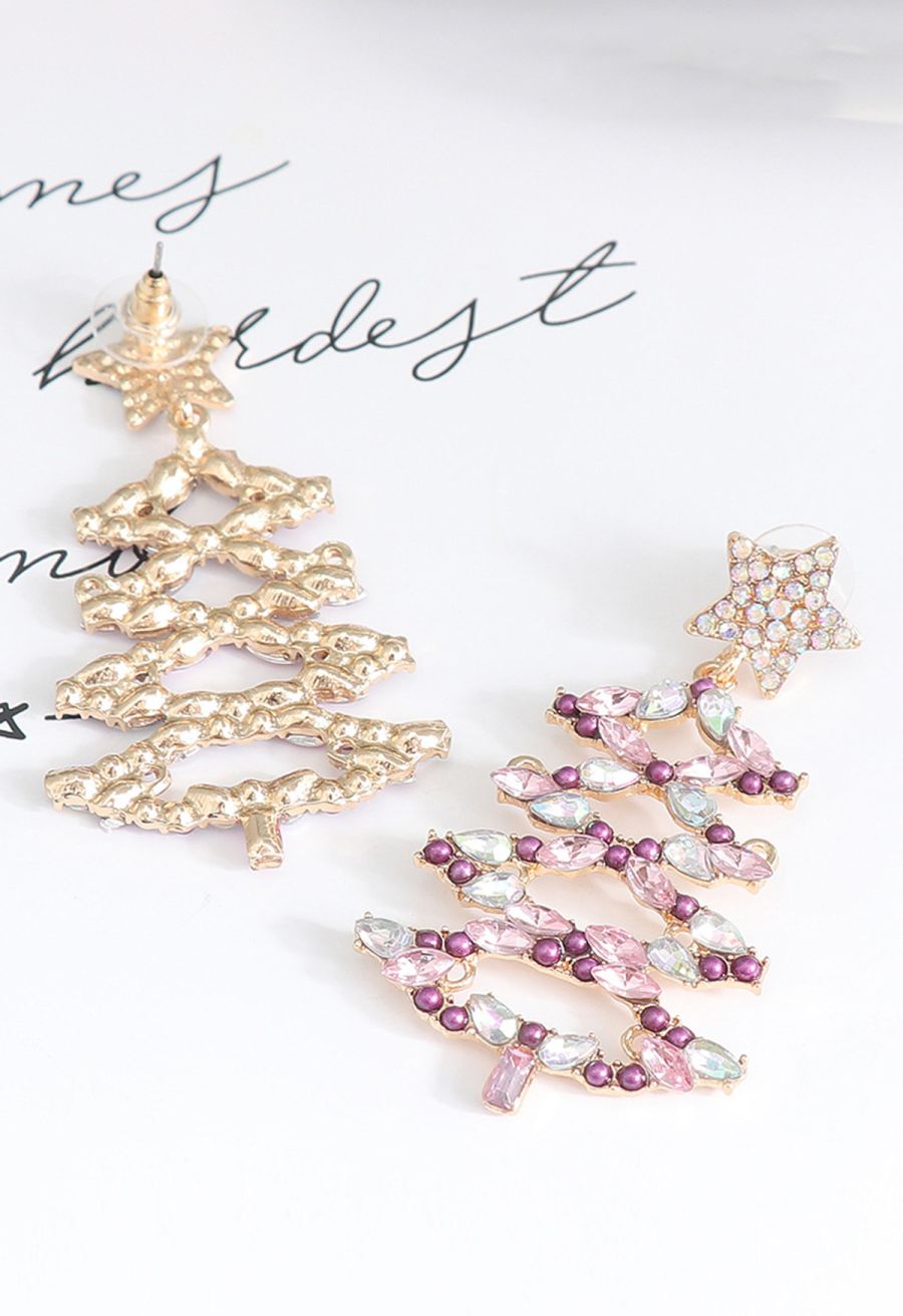 Hollow Out Christmas Tree Rhinestone Earrings in Pink