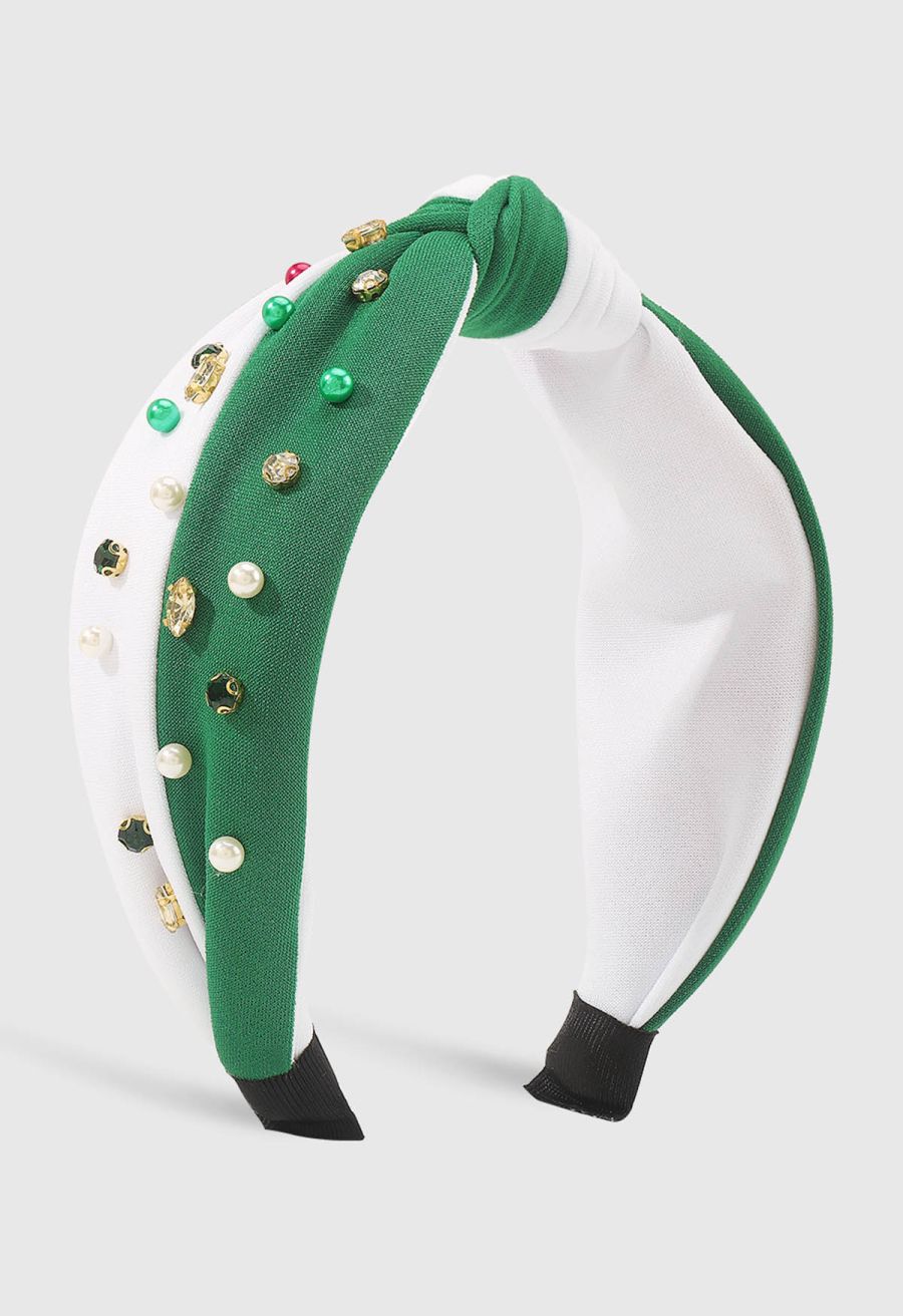 Knotted Rhinestone Beaded Headband in Green