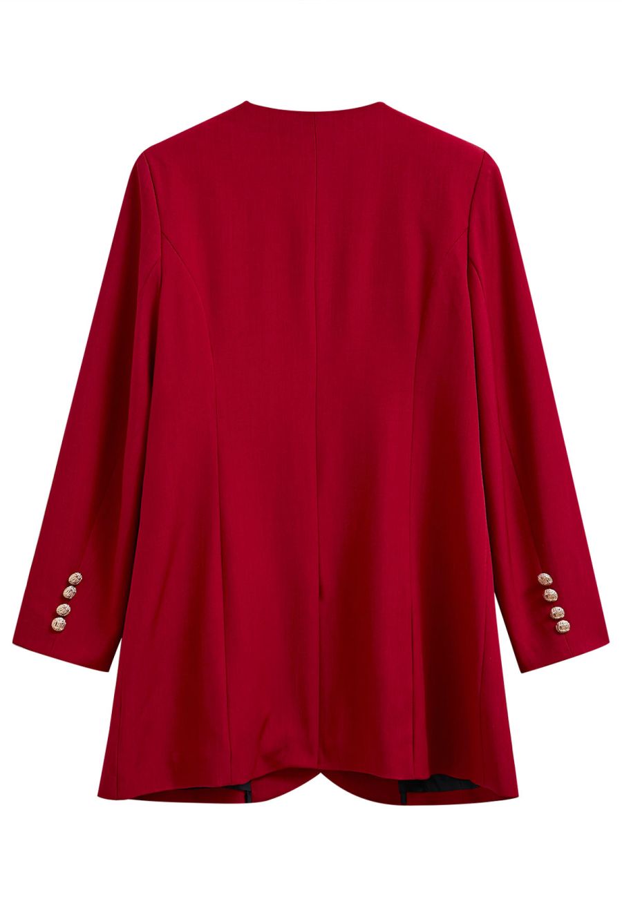Collarless Golden Double-Breasted Blazer in Red
