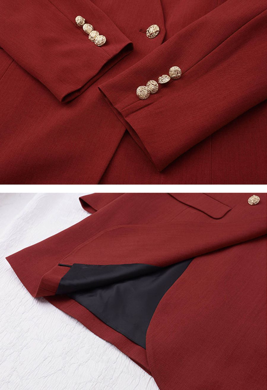Collarless Golden Double-Breasted Blazer in Red