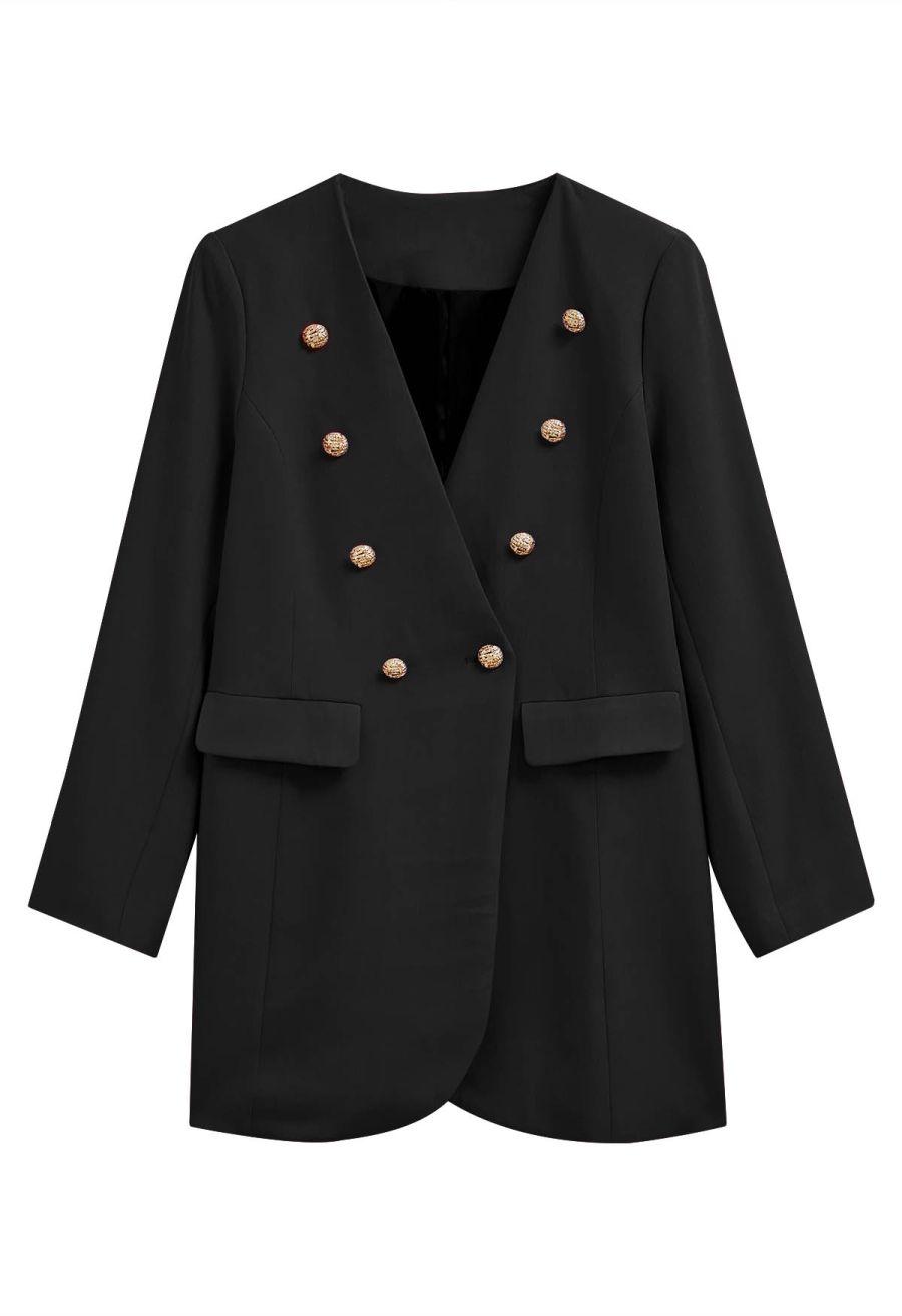Collarless Golden Double-Breasted Blazer in Black
