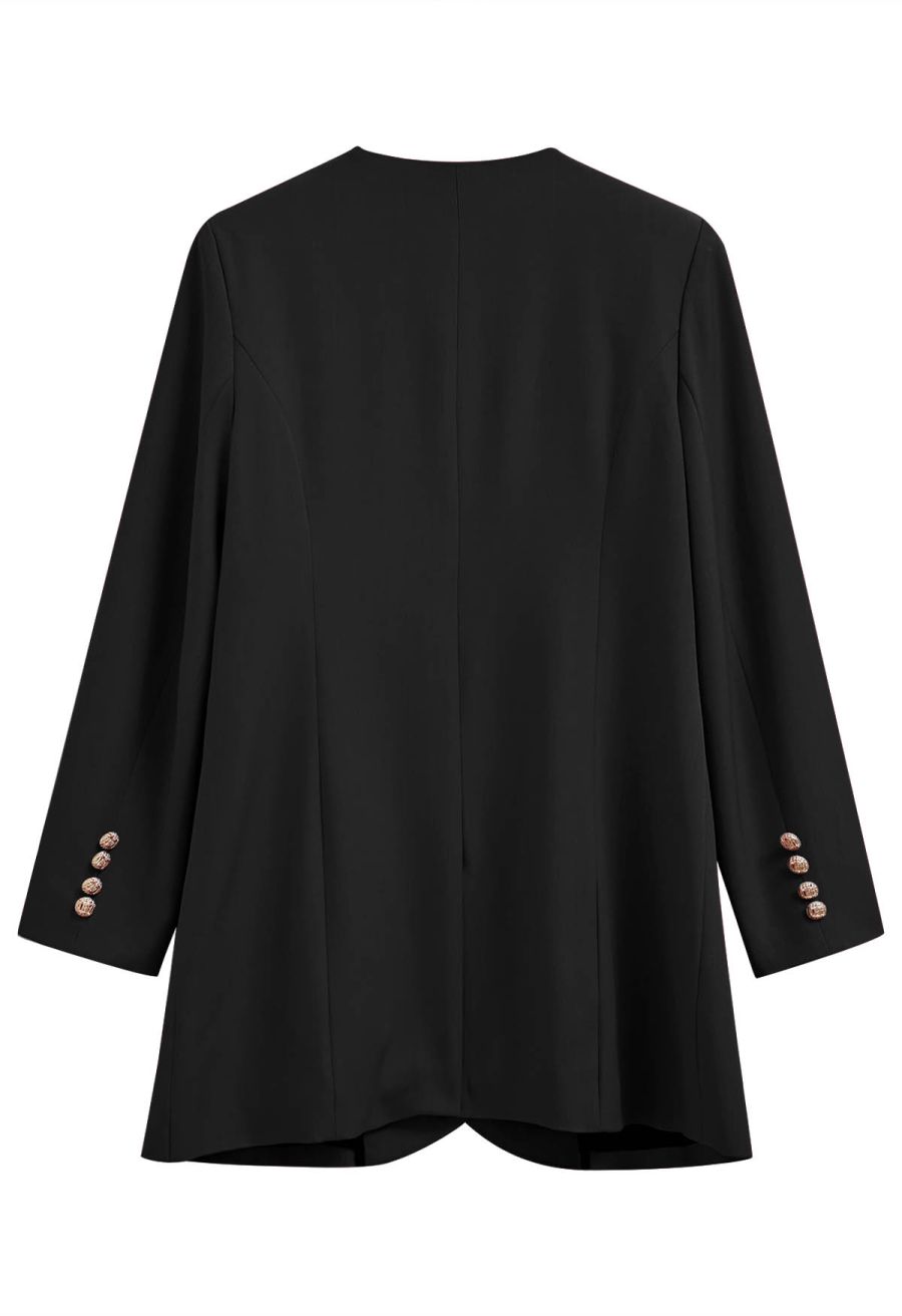 Collarless Golden Double-Breasted Blazer in Black