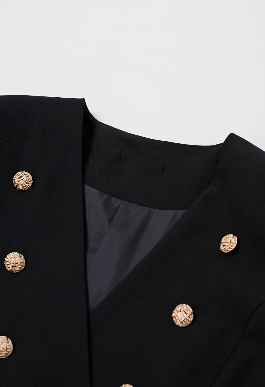 Collarless Golden Double-Breasted Blazer in Black