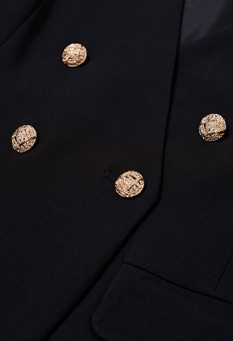 Collarless Golden Double-Breasted Blazer in Black