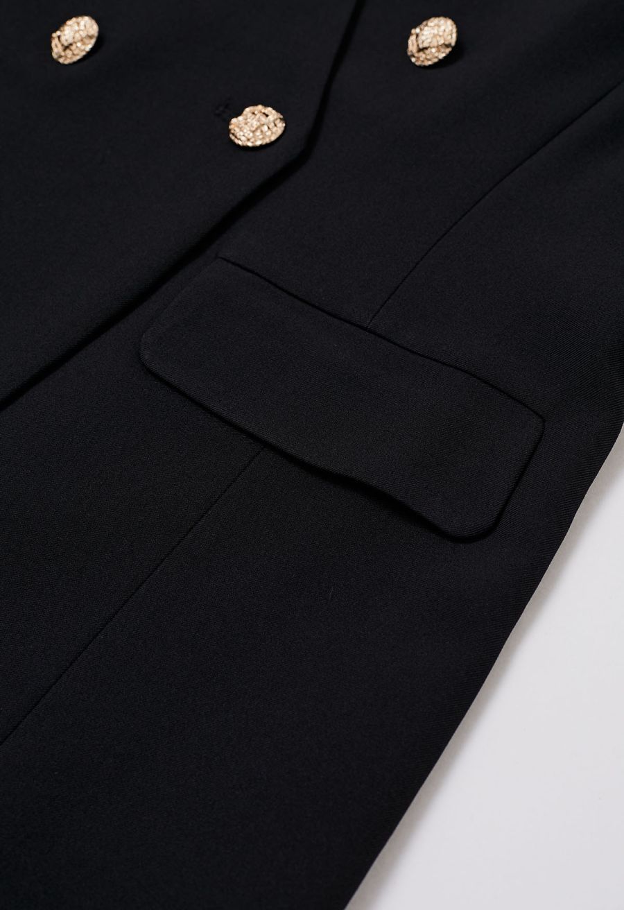 Collarless Golden Double-Breasted Blazer in Black