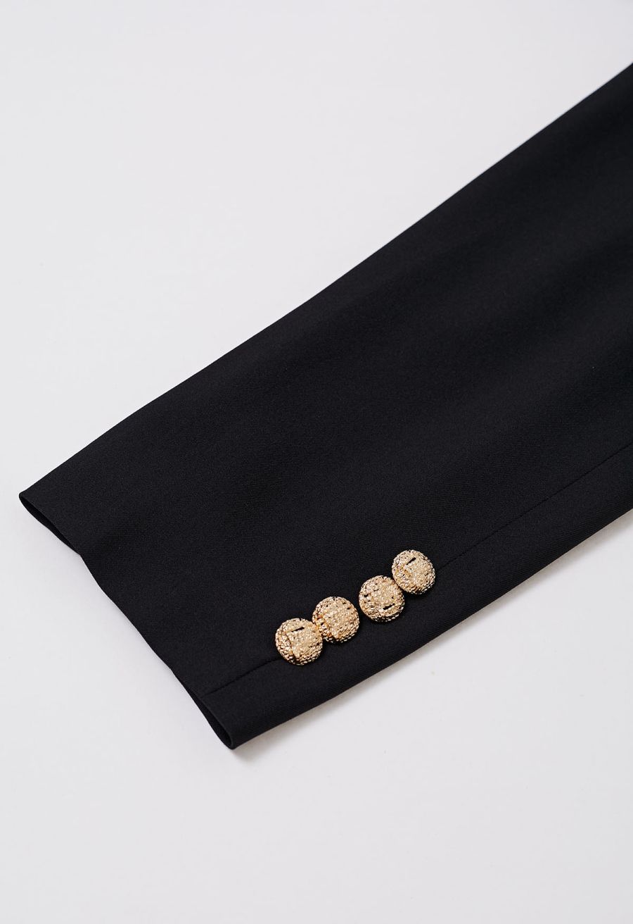 Collarless Golden Double-Breasted Blazer in Black