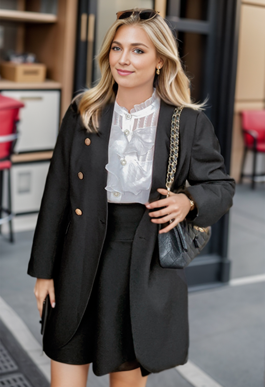 Collarless Golden Double-Breasted Blazer in Black