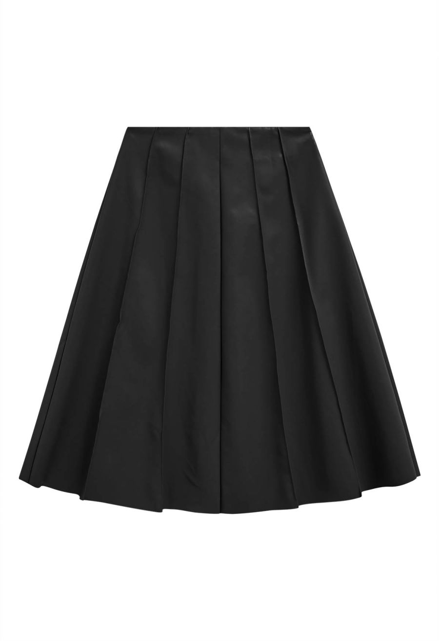 Button Front Faux Leather Midi Skirt in Black