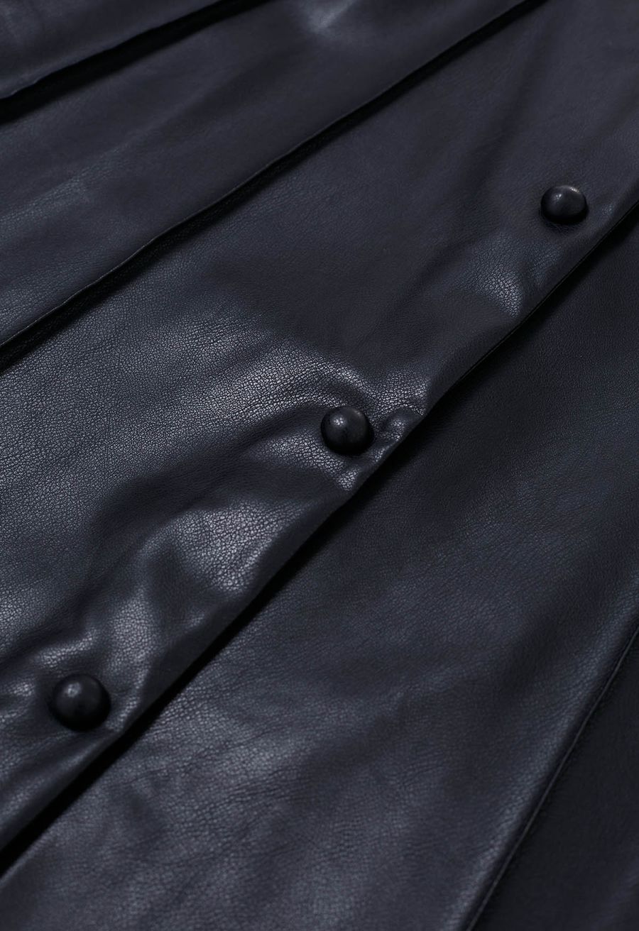 Button Front Faux Leather Midi Skirt in Black