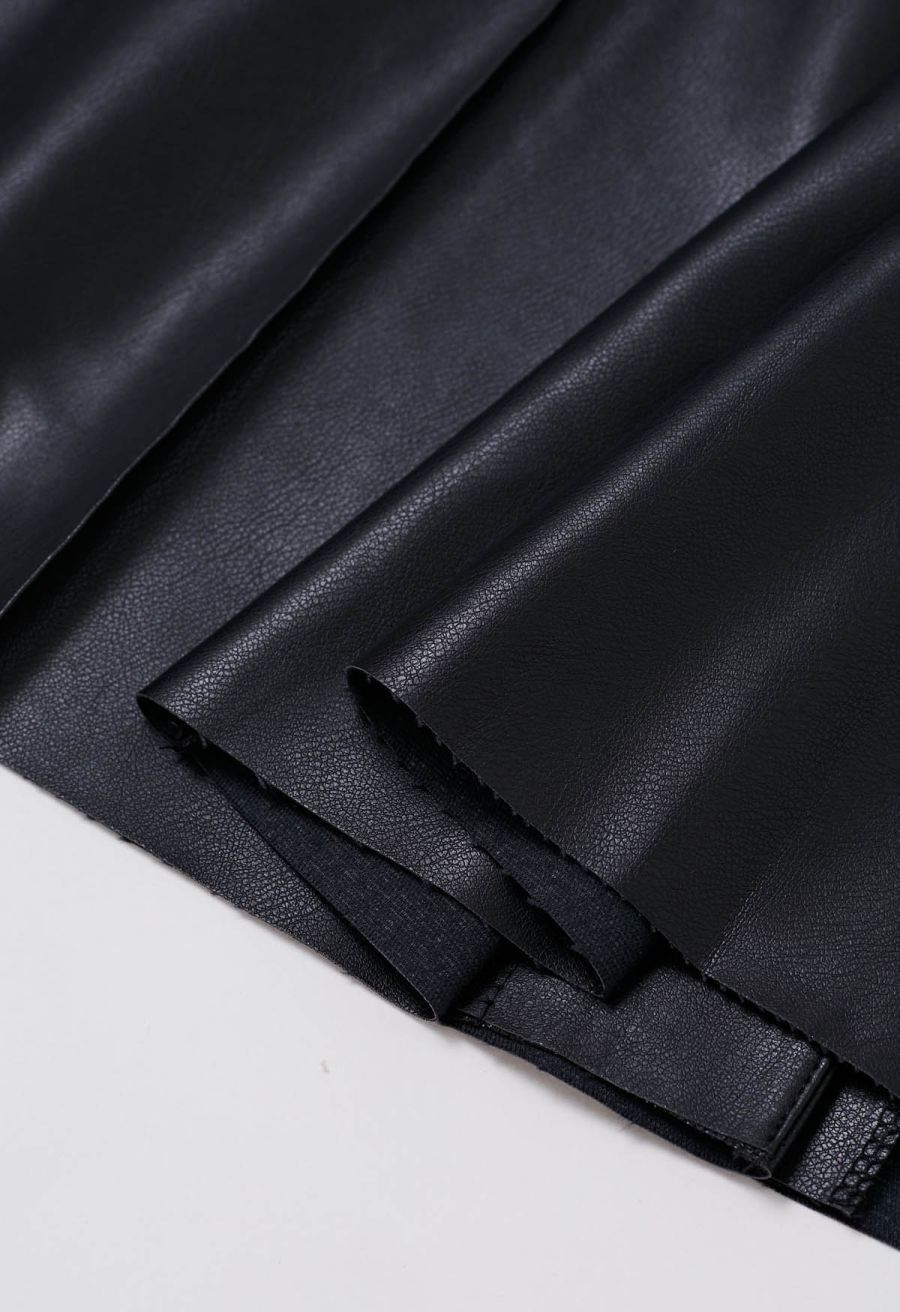 Button Front Faux Leather Midi Skirt in Black