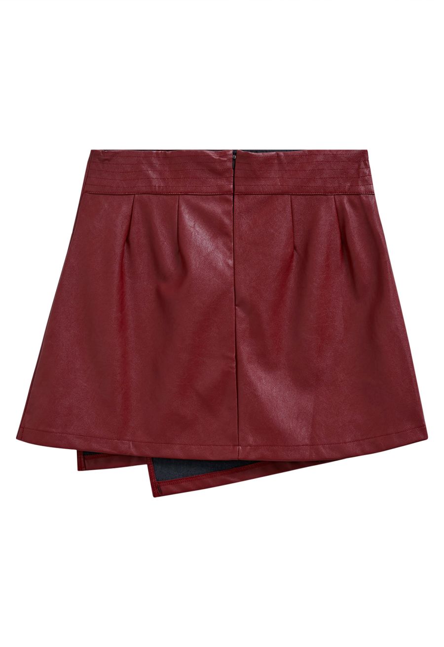 Irregular Hem Faux Leather Mini Skirt in Red