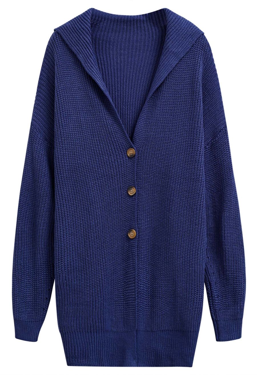 Flap Collar Button Down Longline Knit Cardigan in Navy