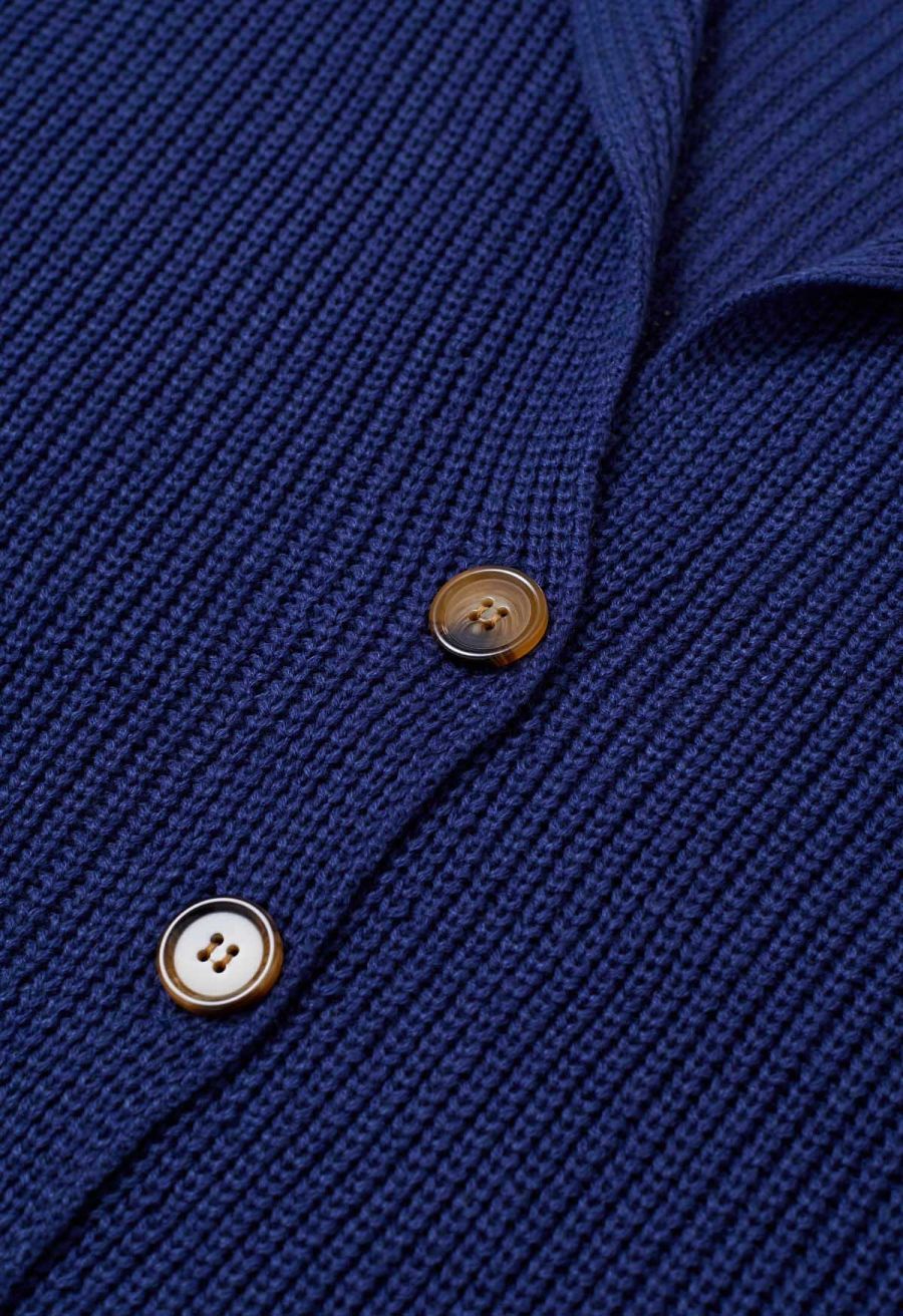 Flap Collar Button Down Longline Knit Cardigan in Navy