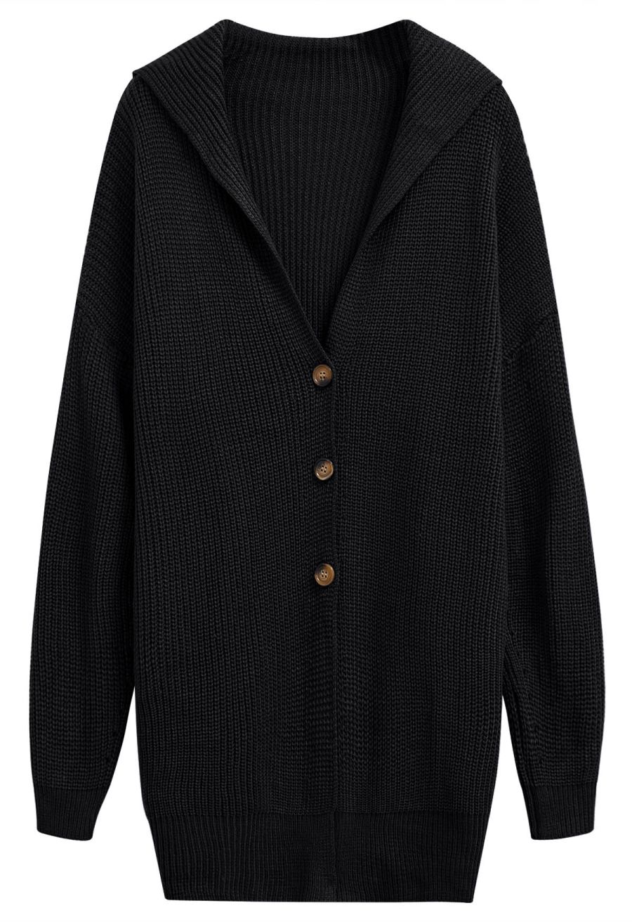 Flap Collar Button Down Longline Knit Cardigan in Black