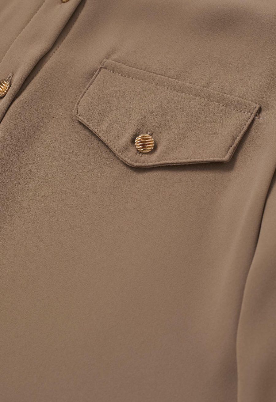 Modern Flair Button-Accented Chiffon Shirt in Tan