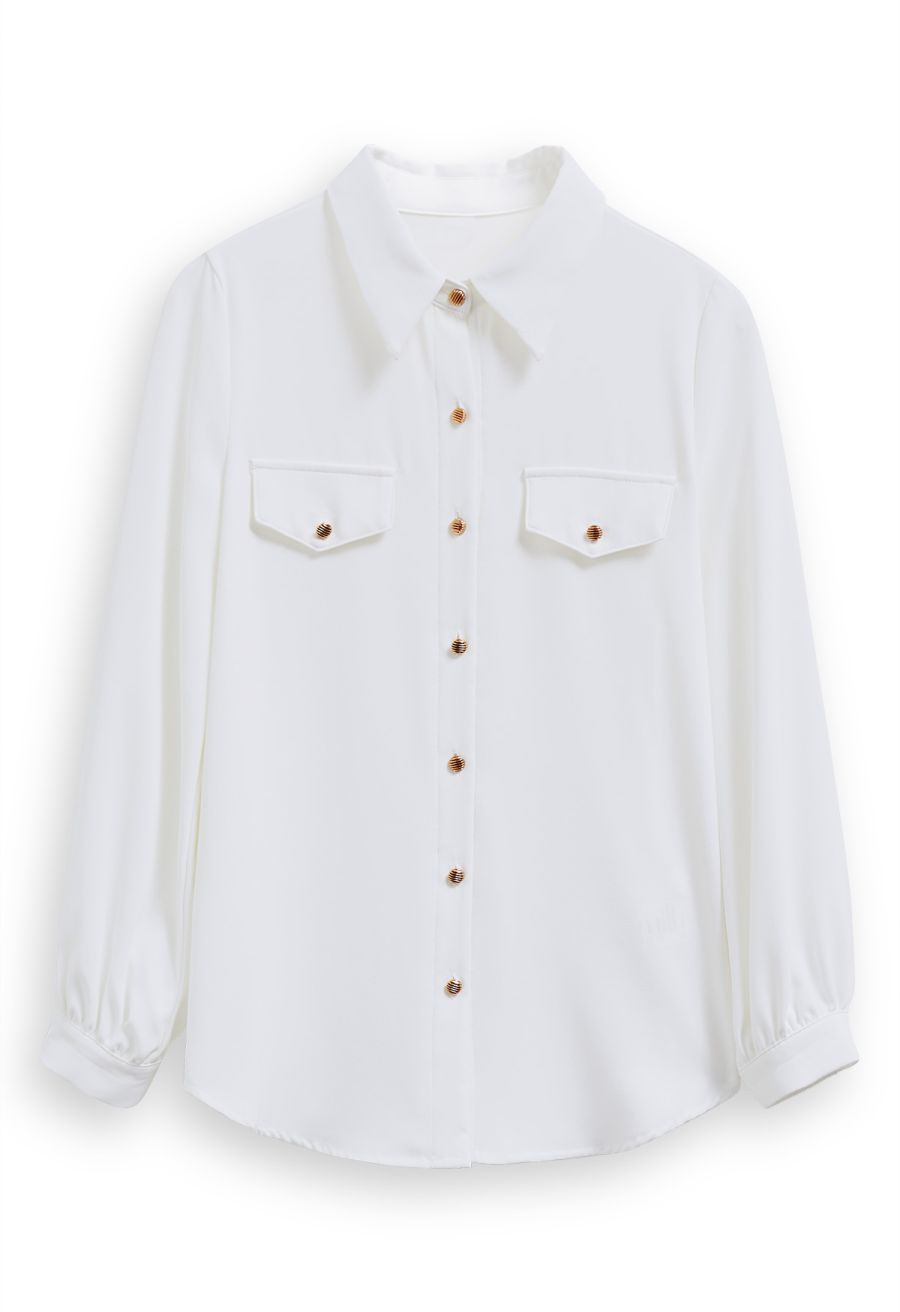 Modern Flair Button-Accented Chiffon Shirt in White
