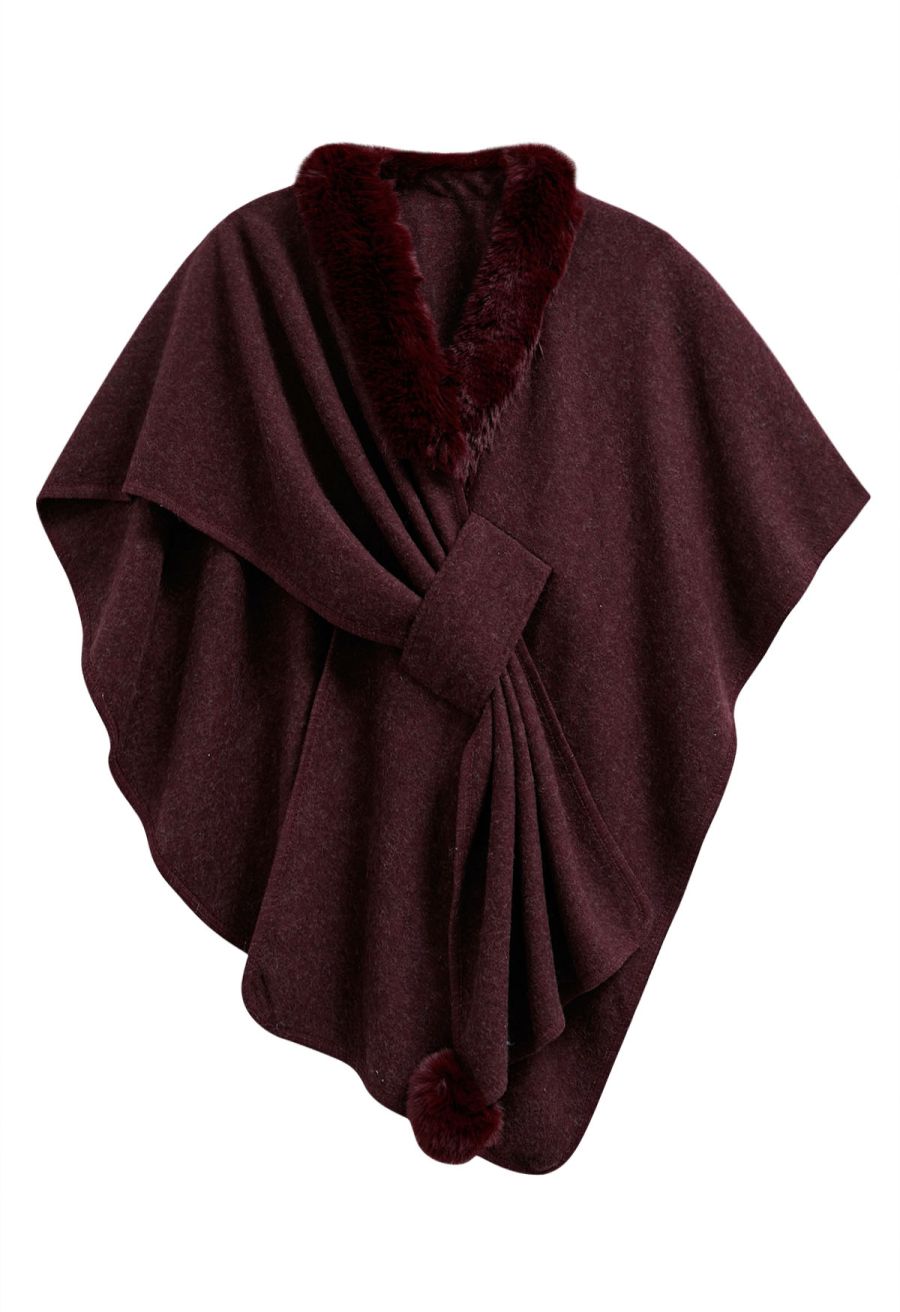 Faux Fur Collar Reversible Poncho in Burgundy