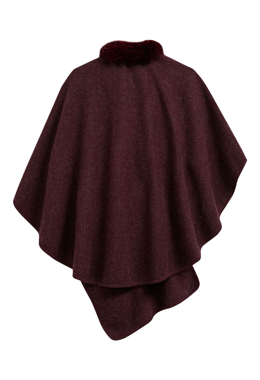 Faux Fur Collar Reversible Poncho in Burgundy