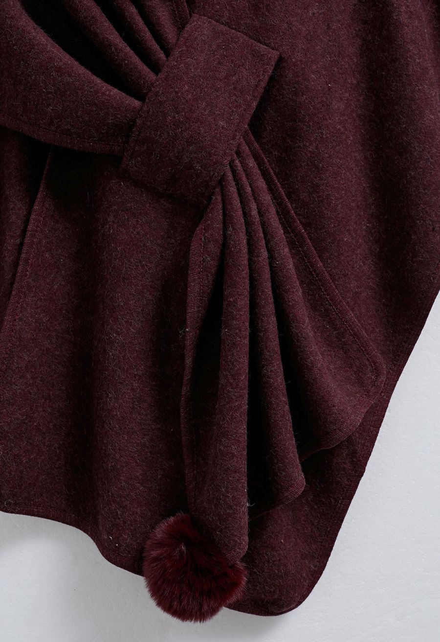 Faux Fur Collar Reversible Poncho in Burgundy