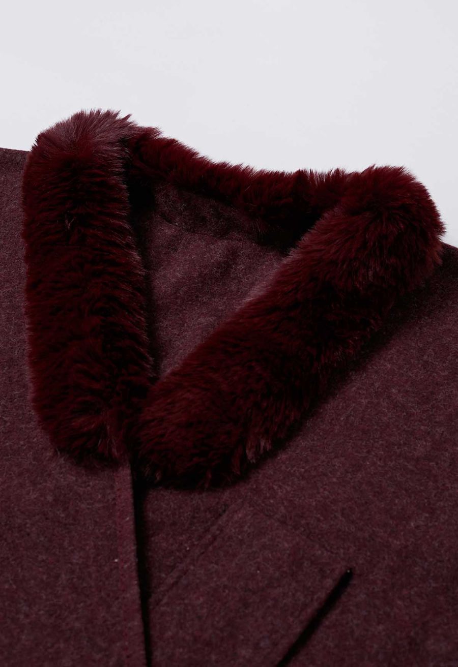 Faux Fur Collar Reversible Poncho in Burgundy