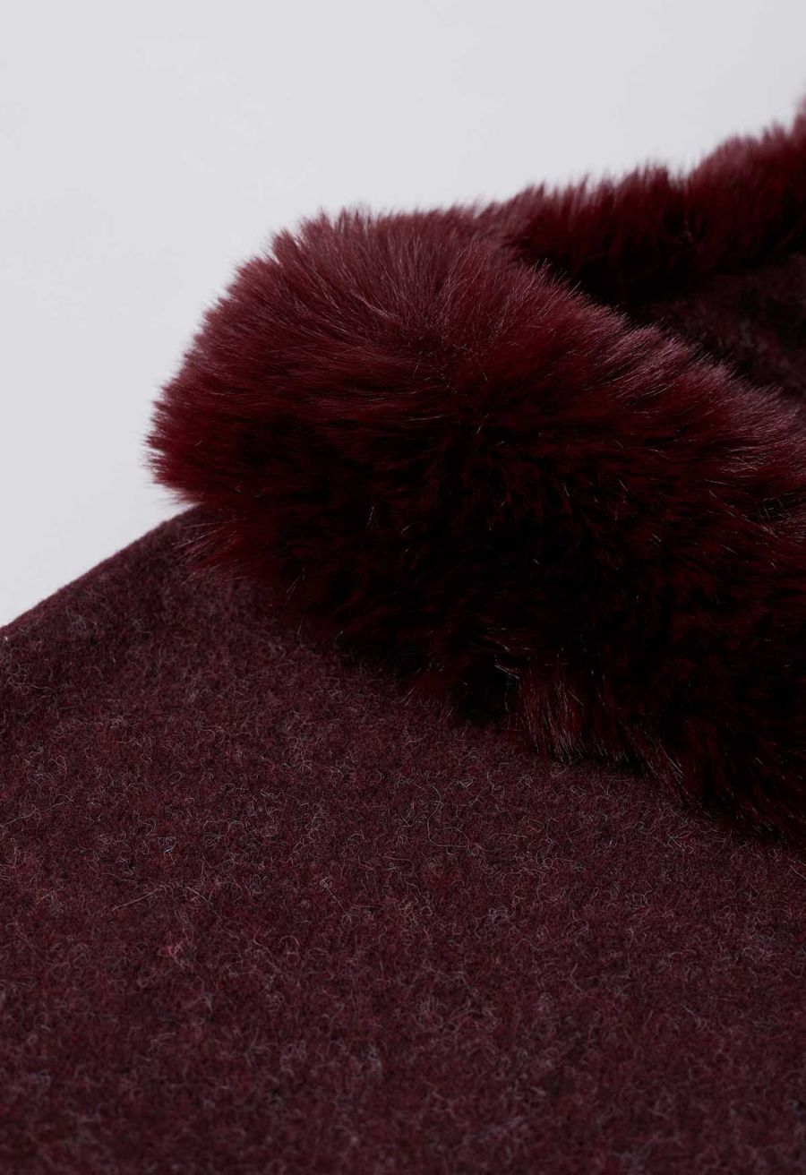 Faux Fur Collar Reversible Poncho in Burgundy