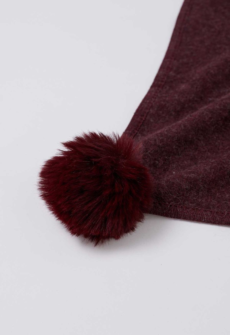 Faux Fur Collar Reversible Poncho in Burgundy