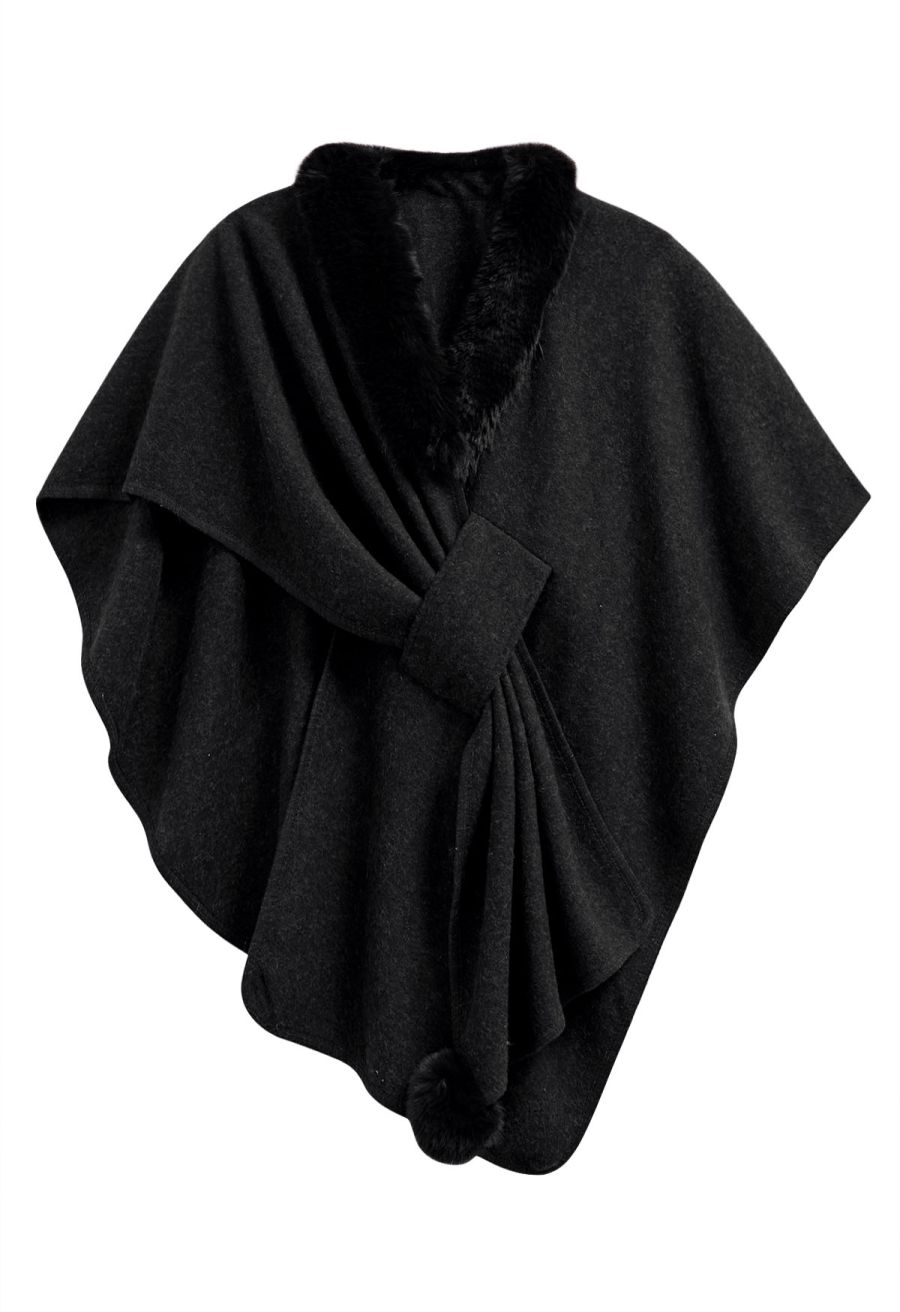 Faux Fur Collar Reversible Poncho in Black