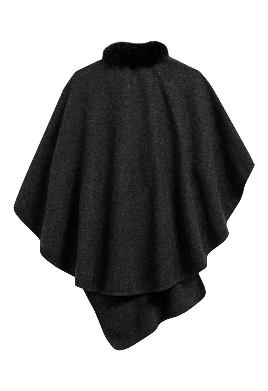 Faux Fur Collar Reversible Poncho in Black