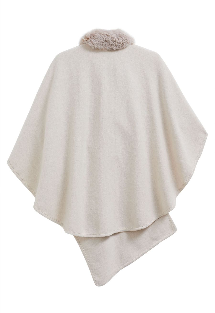 Faux Fur Collar Reversible Poncho in Ivory