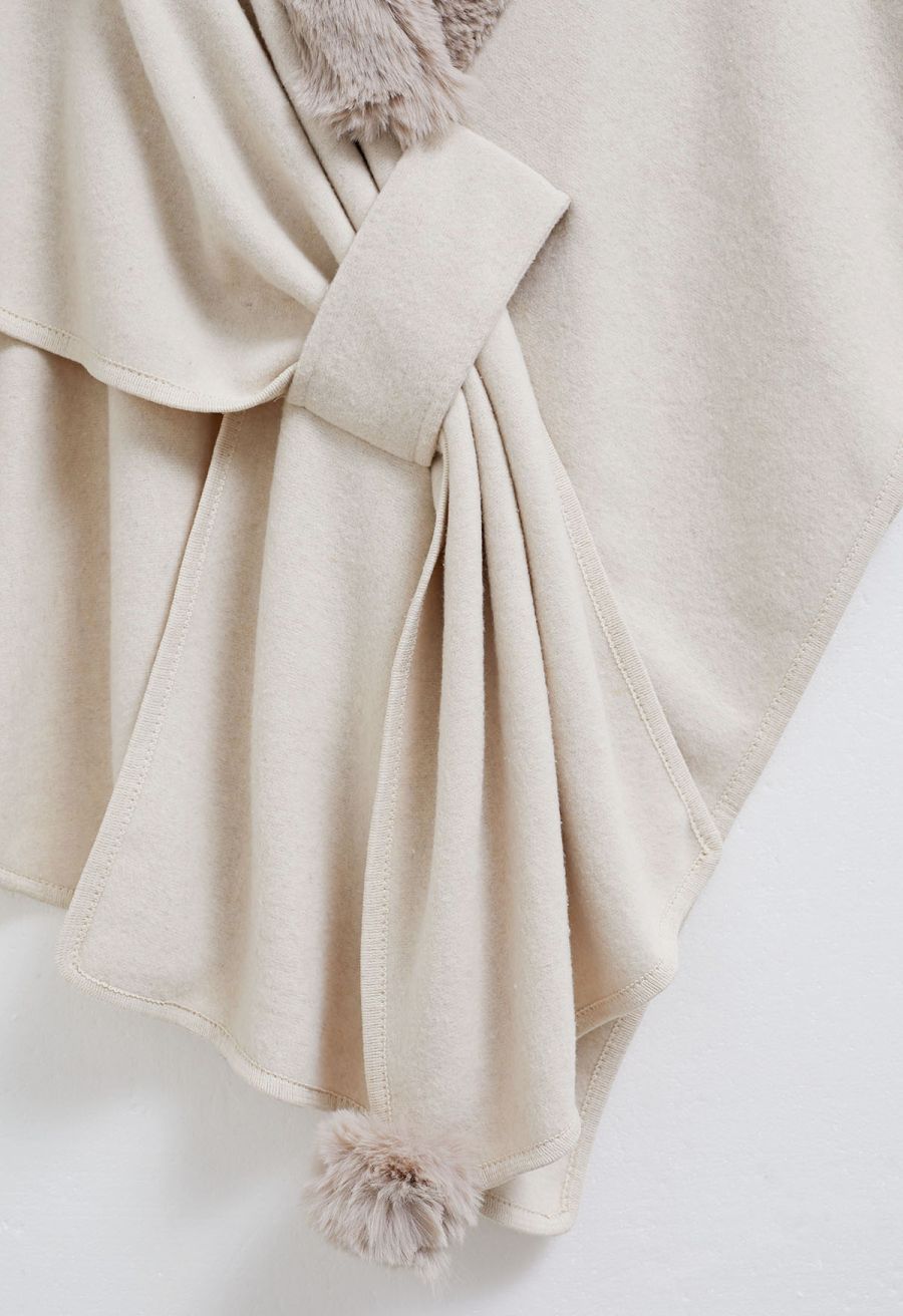 Faux Fur Collar Reversible Poncho in Ivory