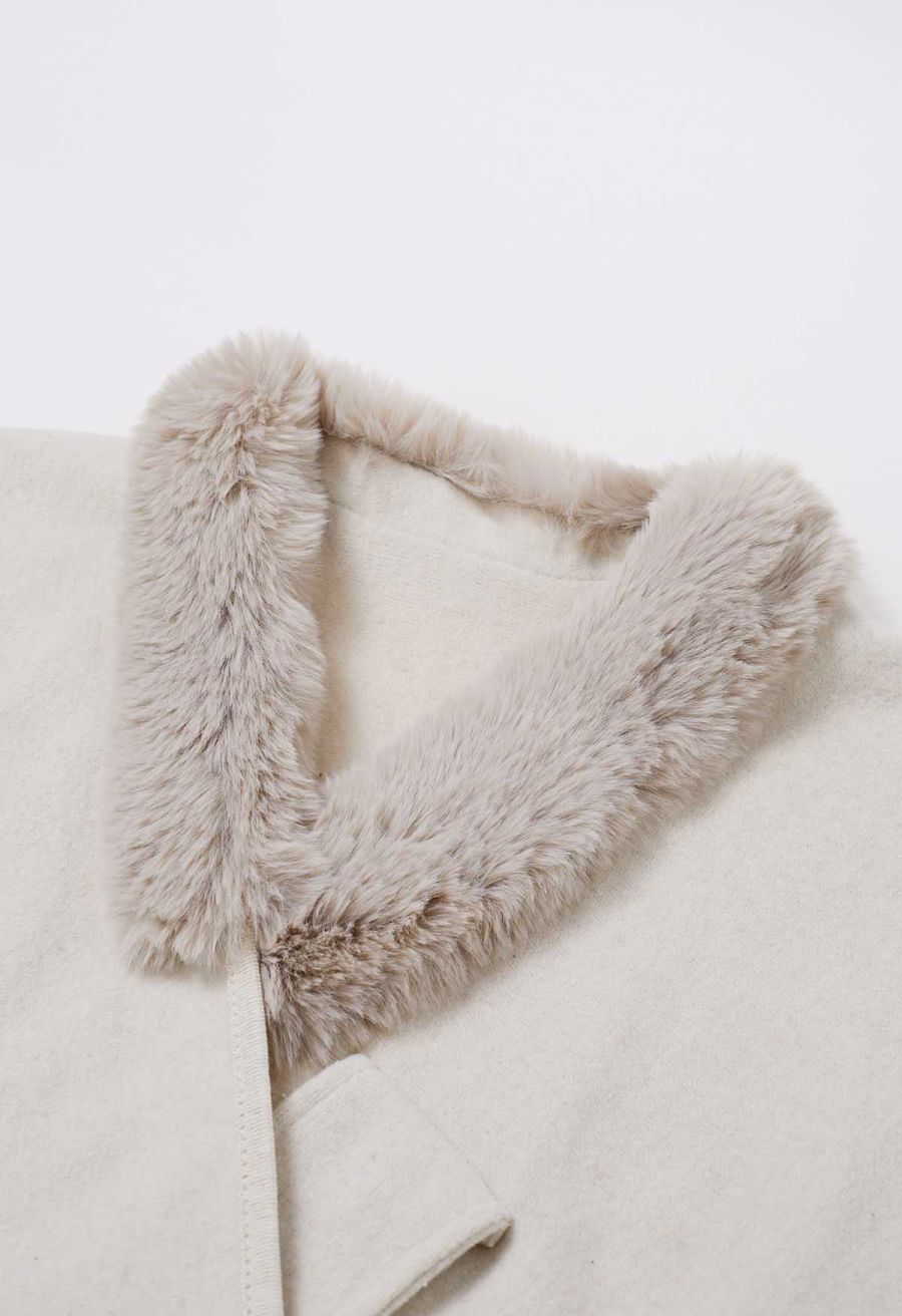 Faux Fur Collar Reversible Poncho in Ivory