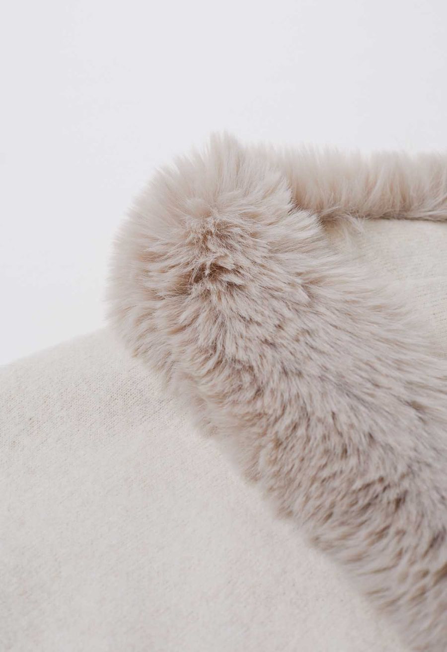 Faux Fur Collar Reversible Poncho in Ivory
