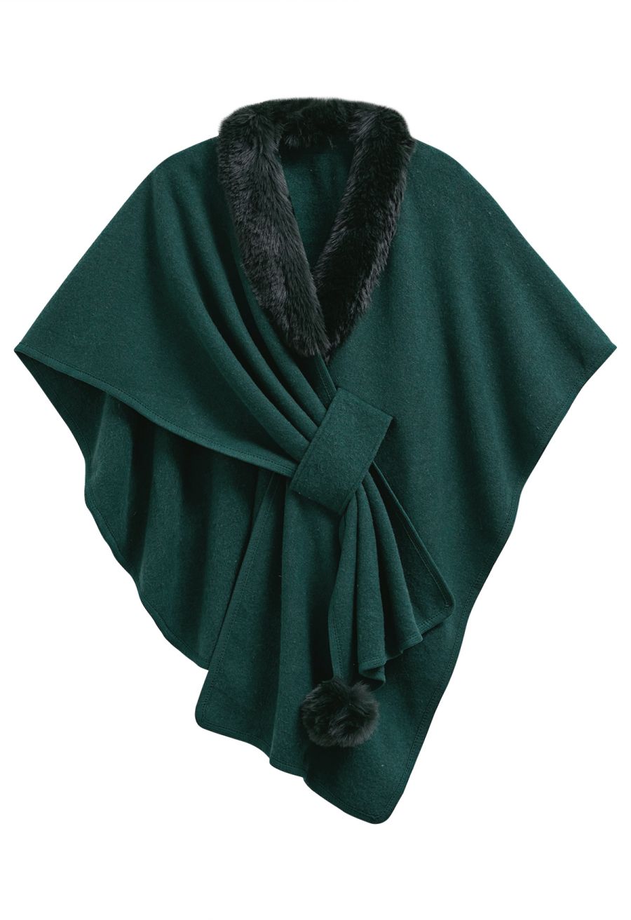 Faux Fur Collar Reversible Poncho in Dark Green
