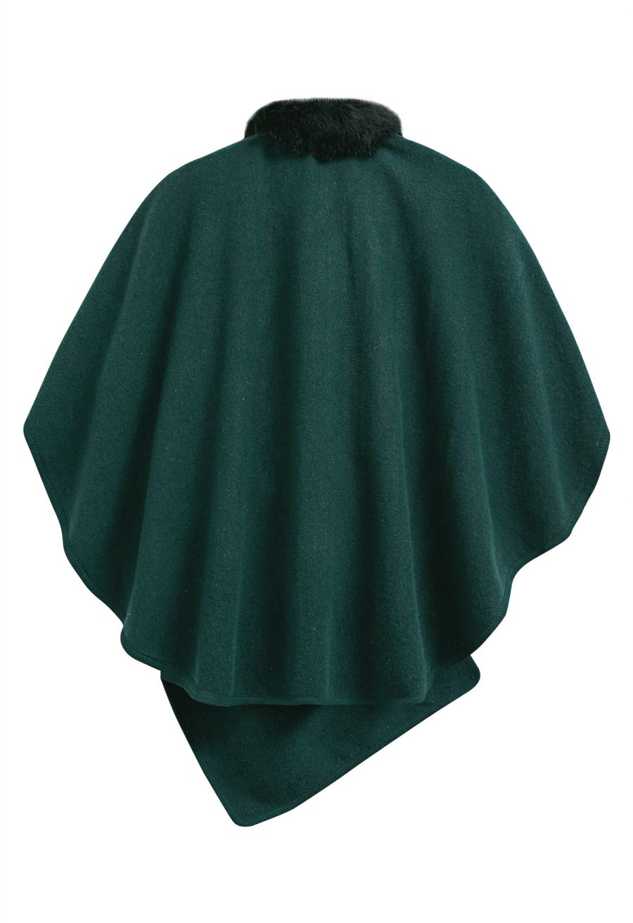 Faux Fur Collar Reversible Poncho in Dark Green