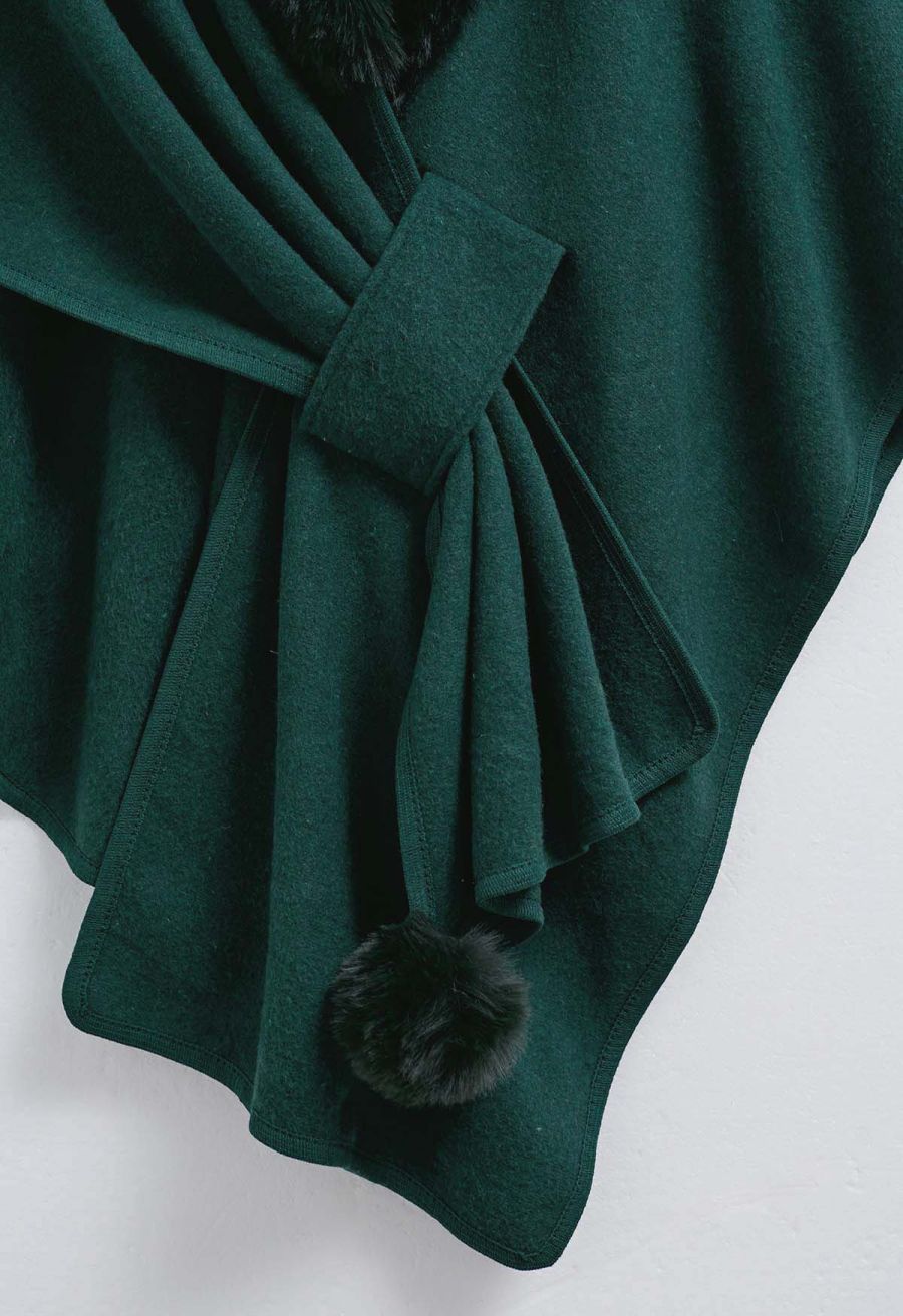 Faux Fur Collar Reversible Poncho in Dark Green