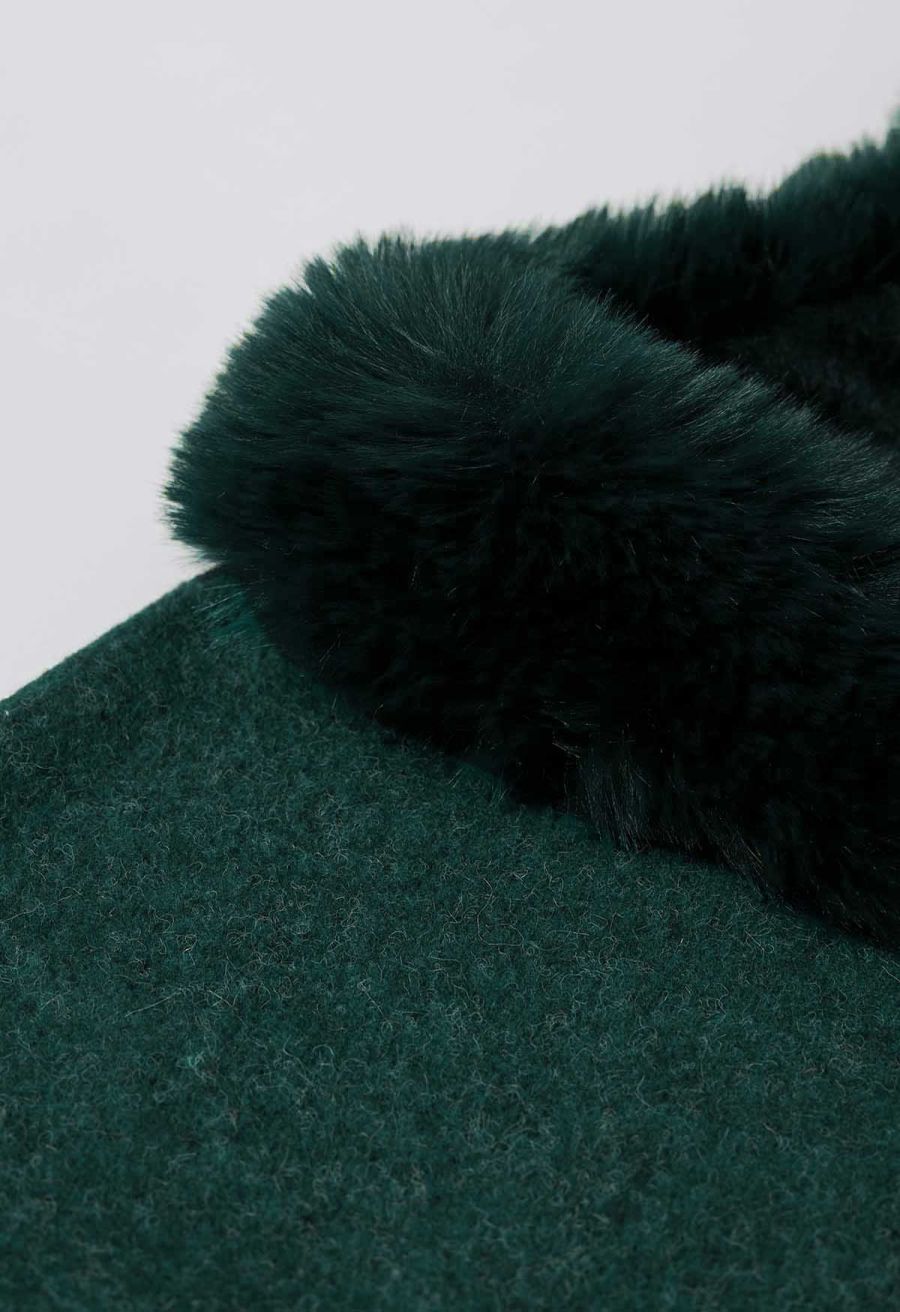Faux Fur Collar Reversible Poncho in Dark Green
