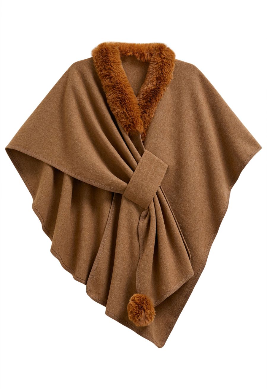 Faux Fur Collar Reversible Poncho in Camel