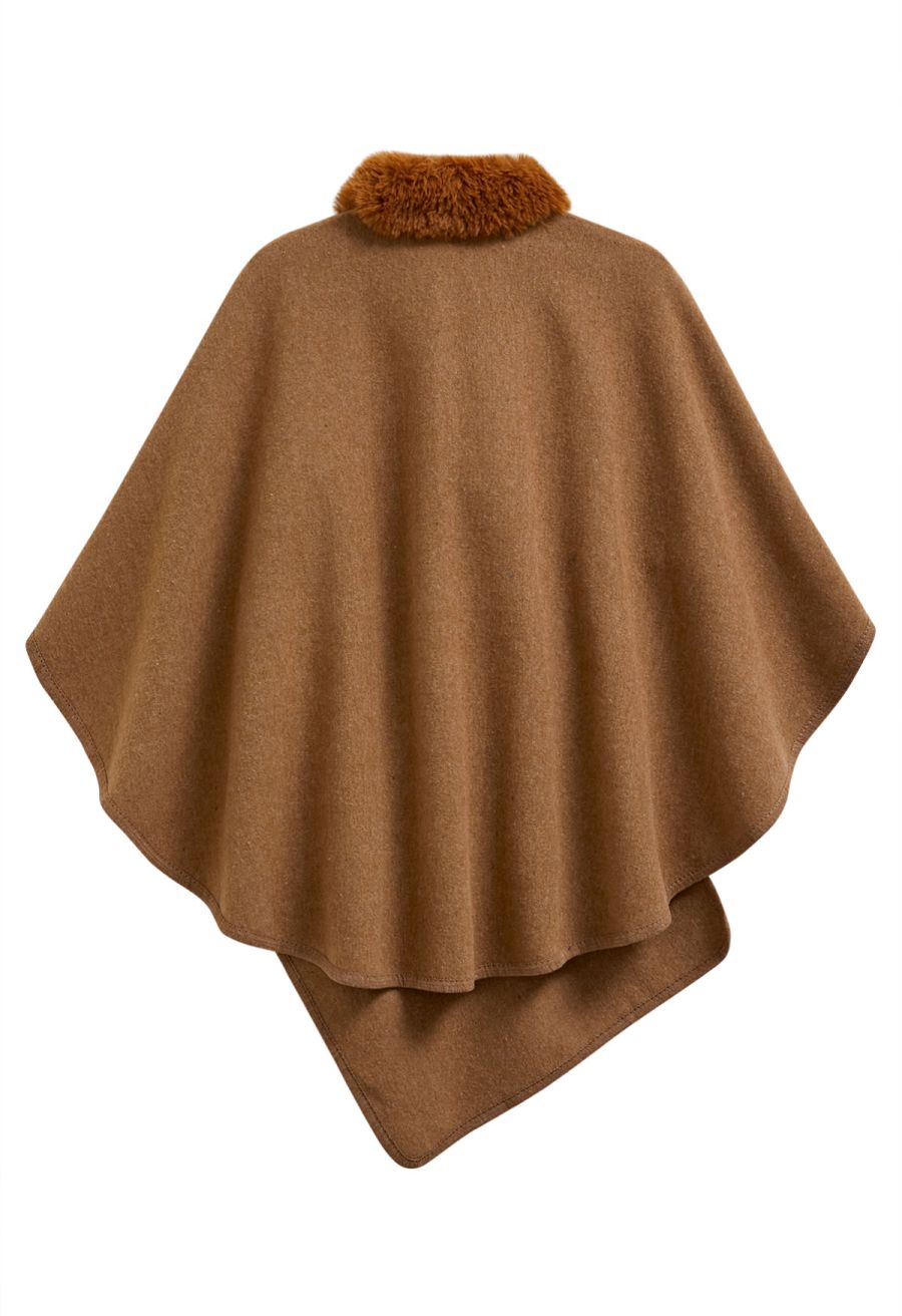 Faux Fur Collar Reversible Poncho in Camel
