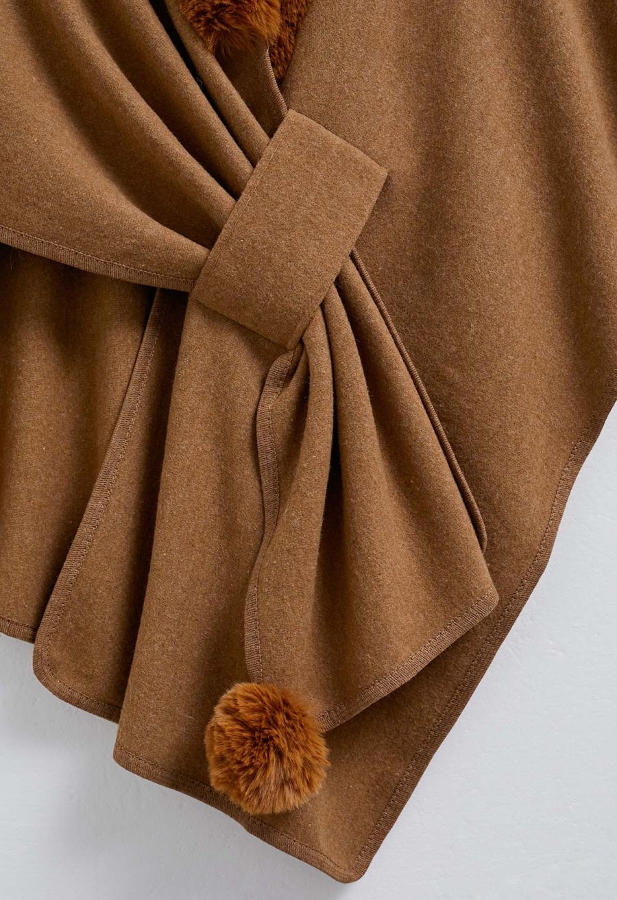 Faux Fur Collar Reversible Poncho in Camel