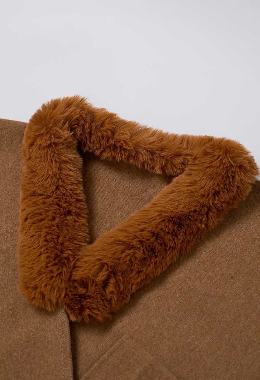 Faux Fur Collar Reversible Poncho in Camel