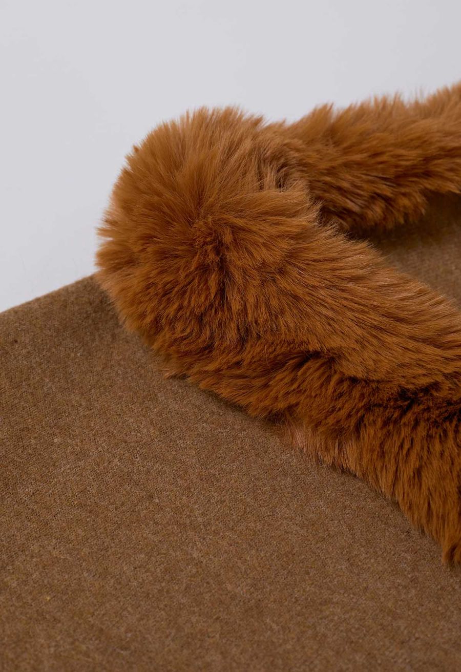 Faux Fur Collar Reversible Poncho in Camel