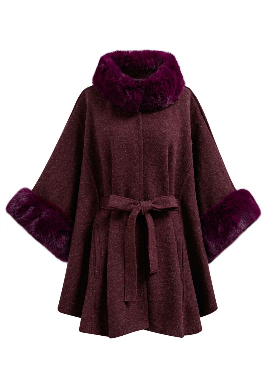 Self-Tie Bowknot Faux Fur Poncho in Burgundy