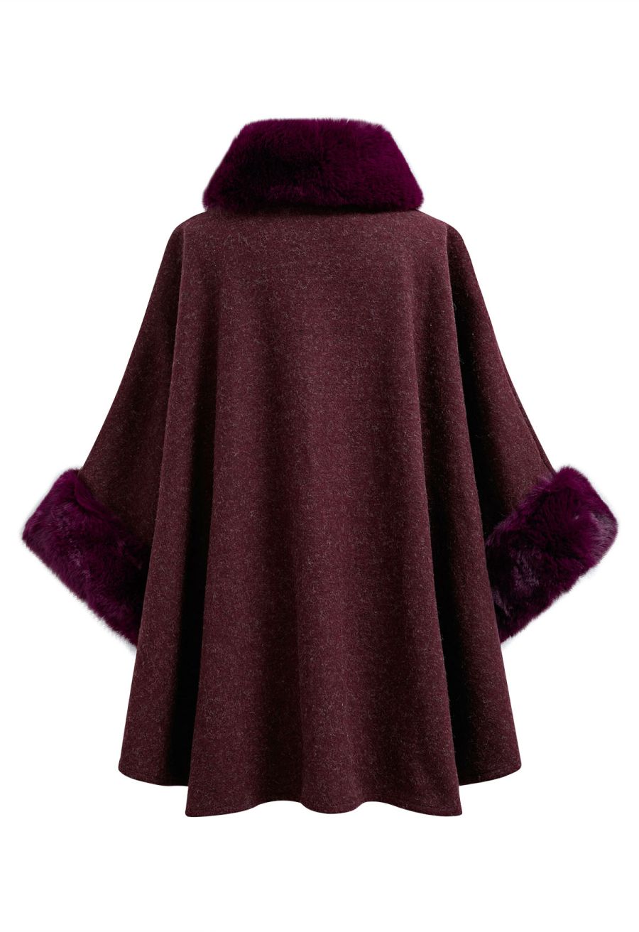 Self-Tie Bowknot Faux Fur Poncho in Burgundy