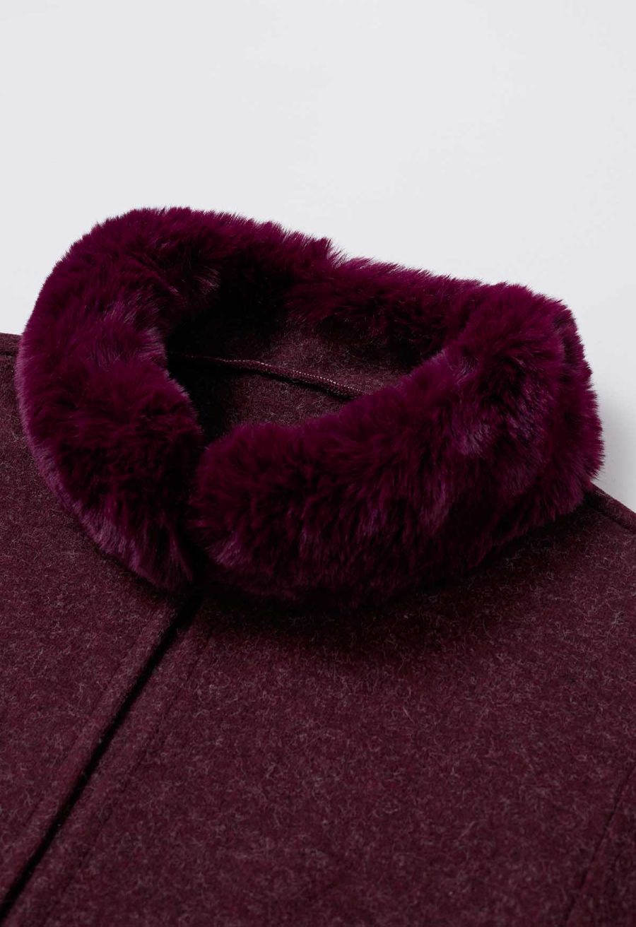Self-Tie Bowknot Faux Fur Poncho in Burgundy