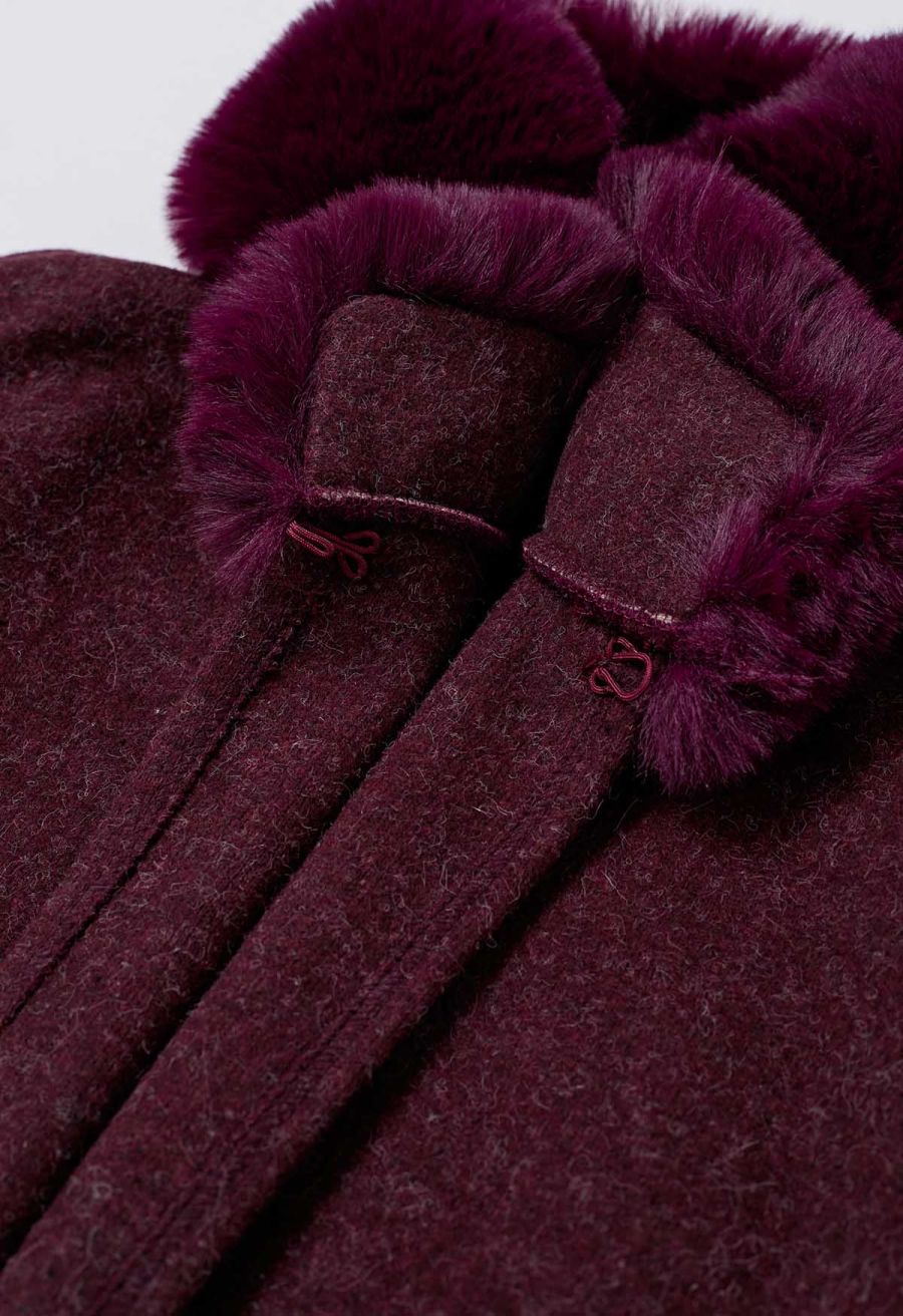 Self-Tie Bowknot Faux Fur Poncho in Burgundy